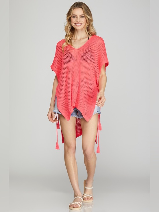 She + Sky Tops - She + Sky Hot Pink Drop Shoulder Side Tasel Tie Cover Up Tunic Top